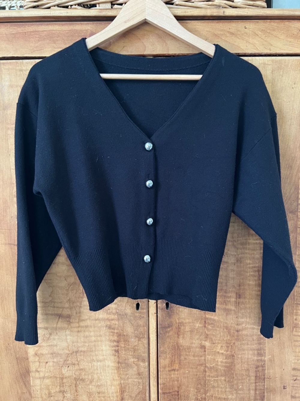 Pixie Market Black V-Neck Button Front Women's Sweater padded Shoulders
